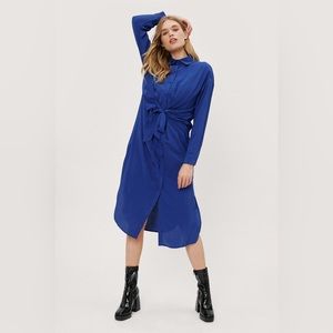 Blue midi button up tie waist collared shirt dress Nasty Gal